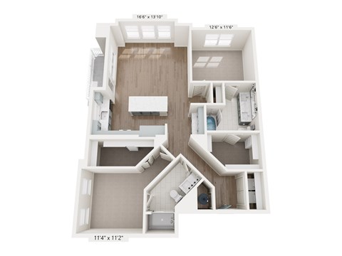 A 3D floor plan of a house with dimensions.